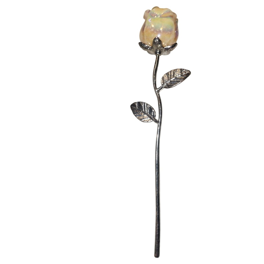 Vintage Iridescent Glass Rose Bud Long Stem Brooch Silver Tone Floral Pin